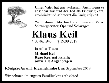 Traueranzeige von Klaus Keil von Ostthüringer Zeitung