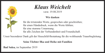 Traueranzeige von Klaus Weichelt von Thüringer Allgemeine, Thüringische Landeszeitung