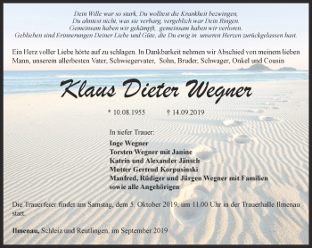 Traueranzeige von Klaus Dieter Wegner von Thüringer Allgemeine