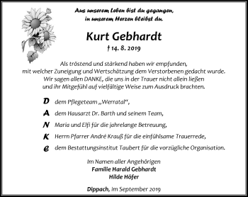 Traueranzeige von Kurt Gebhardt von Thüringer Allgemeine, Thüringische Landeszeitung