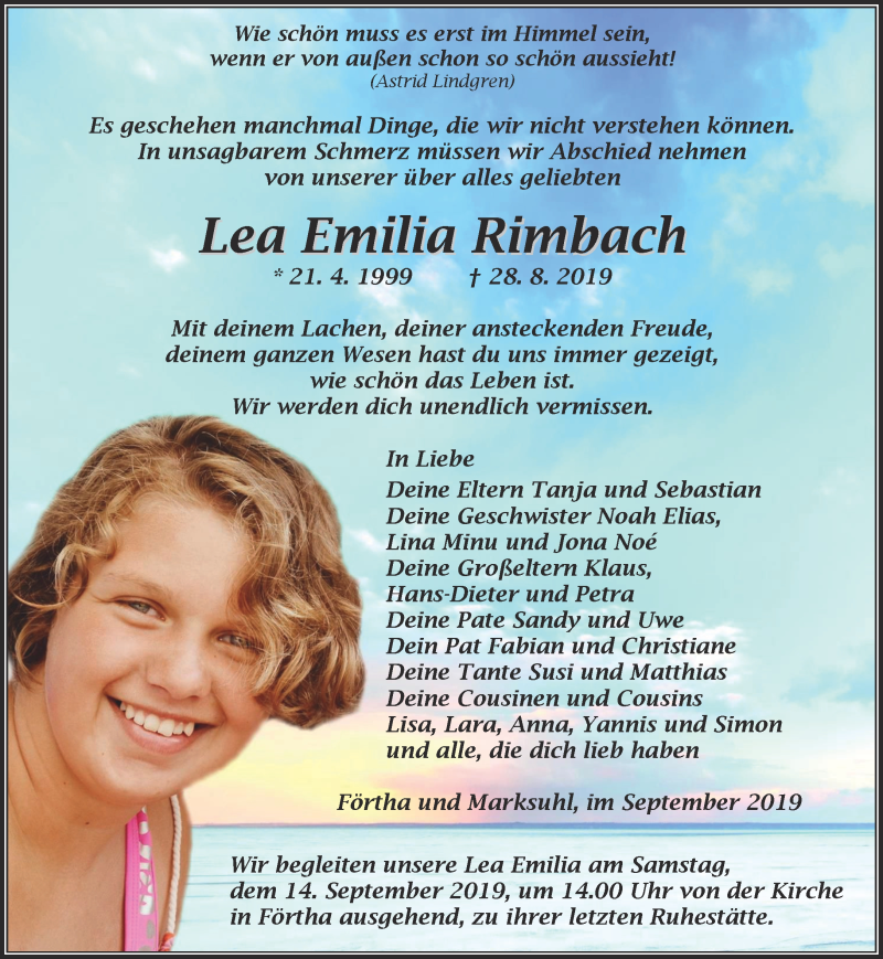  Traueranzeige für Lea Emilia Rimbach vom 10.09.2019 aus Thüringer Allgemeine, Thüringische Landeszeitung