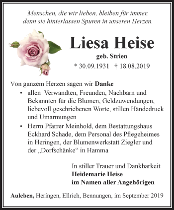 Traueranzeige von Liesa Heise von Thüringer Allgemeine