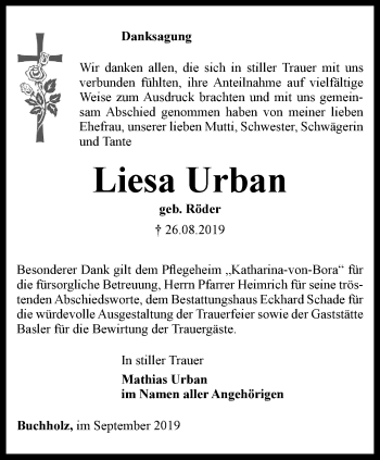 Traueranzeige von Liesa Urban von Thüringer Allgemeine