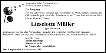 Traueranzeige von Lieselotte Müller von Thüringer Allgemeine, Thüringische Landeszeitung