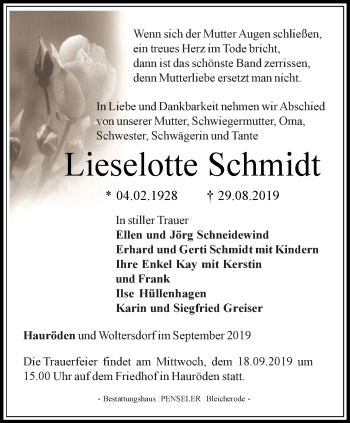 Traueranzeige von Lieselotte Schmidt von Thüringer Allgemeine