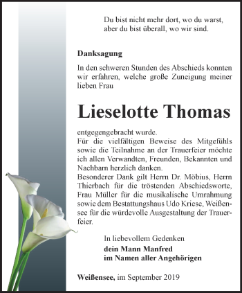 Traueranzeige von Lieselotte Thomas von Thüringer Allgemeine