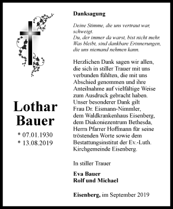 Traueranzeige von Lothar Bauer von Ostthüringer Zeitung