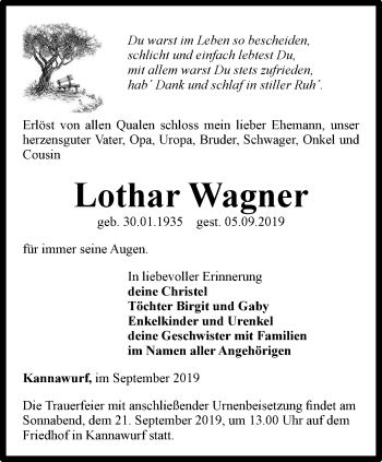 Traueranzeige von Lothar Wagner von Thüringer Allgemeine