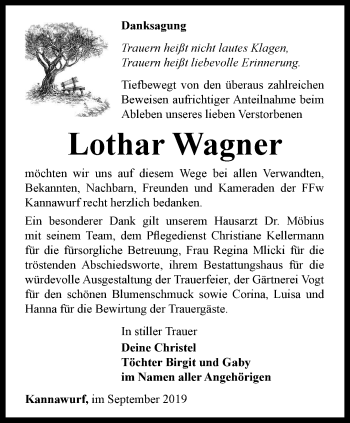 Traueranzeige von Lothar Wagner von Thüringer Allgemeine
