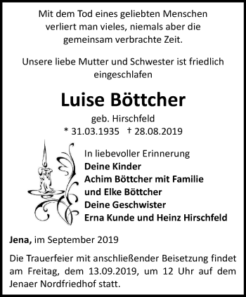 Traueranzeige von Luise Böttcher von Ostthüringer Zeitung, Thüringische Landeszeitung