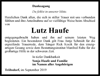 Traueranzeige von Lutz Haufe von Thüringer Allgemeine, Thüringische Landeszeitung