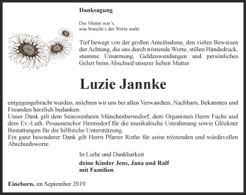 Traueranzeige von Luzie Jannke von Ostthüringer Zeitung