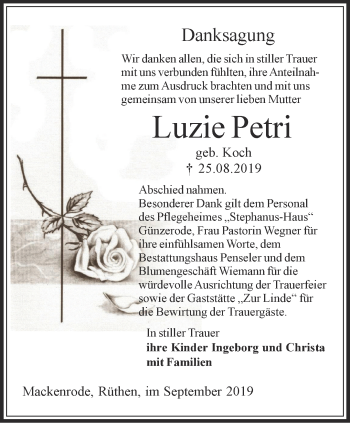 Traueranzeige von Luzie Petri von Thüringer Allgemeine