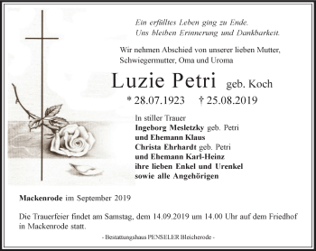 Traueranzeige von Luzie Petri von Thüringer Allgemeine