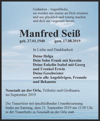 Traueranzeige von Manfred Seiß