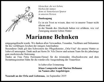 Traueranzeige von Marianne Behnken