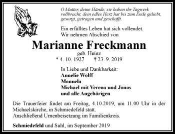 Traueranzeige von Marianne Freckmann von Ostthüringer Zeitung