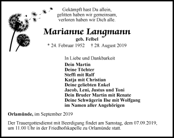 Traueranzeige von Marianne Langmann von Ostthüringer Zeitung, Thüringische Landeszeitung