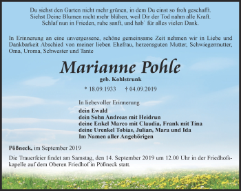 Traueranzeige von Marianne Pohle von Ostthüringer Zeitung