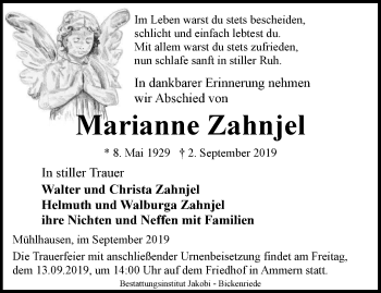 Traueranzeige von Marianne Zahnjel von Thüringer Allgemeine, Thüringische Landeszeitung