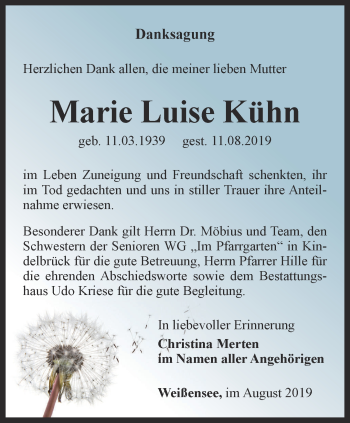 Traueranzeige von Marie Luise Kühn von Thüringer Allgemeine