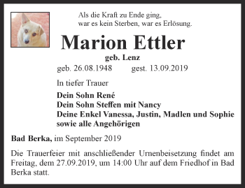 Traueranzeige von Marion Ettler von Thüringer Allgemeine, Thüringische Landeszeitung