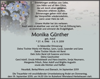 Traueranzeige von Monika Günther von Thüringer Allgemeine, Thüringische Landeszeitung