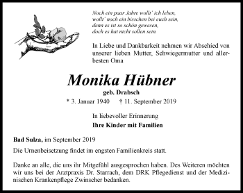 Traueranzeige von Monika Hübner von Thüringer Allgemeine, Thüringische Landeszeitung