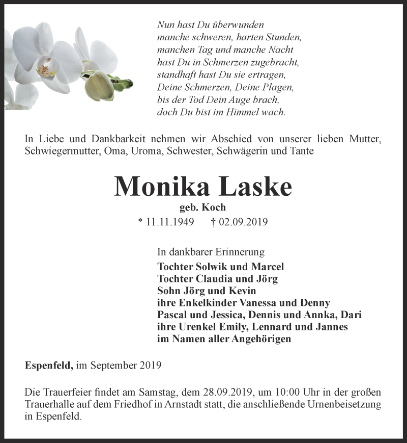  Traueranzeige für Monika Laske vom 21.09.2019 aus Thüringer Allgemeine