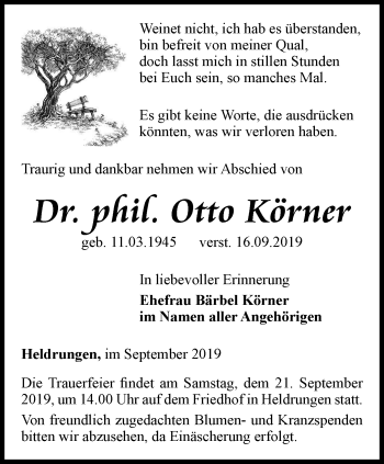 Traueranzeige von Otto Körner von Thüringer Allgemeine