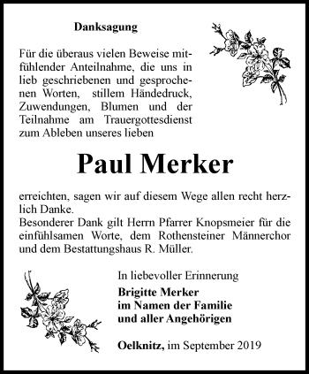 Traueranzeige von Paul Merker von Ostthüringer Zeitung, Thüringische Landeszeitung