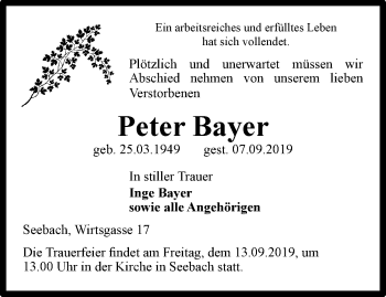 Traueranzeige von Peter Bayer von Thüringer Allgemeine, Thüringische Landeszeitung