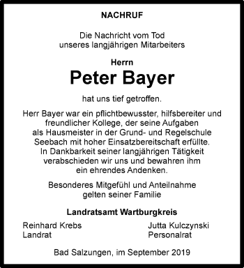 Traueranzeige von Peter Bayer von Thüringer Allgemeine, Thüringische Landeszeitung