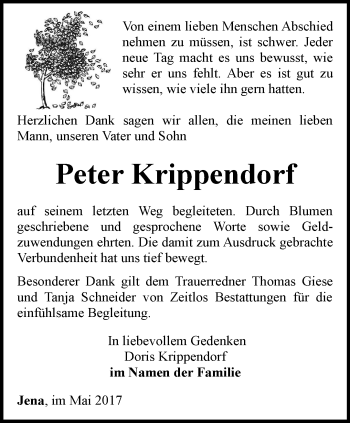 Traueranzeige von Peter Krippendorf von Ostthüringer Zeitung, Thüringische Landeszeitung