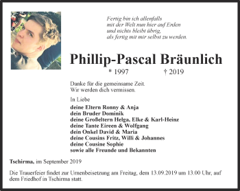 Traueranzeige von Phillip-Pascal Bräunlich