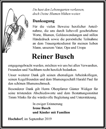 Traueranzeige von Reiner Busch von Thüringer Allgemeine, Thüringische Landeszeitung