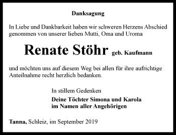 Traueranzeige von Renate Stöhr von Ostthüringer Zeitung