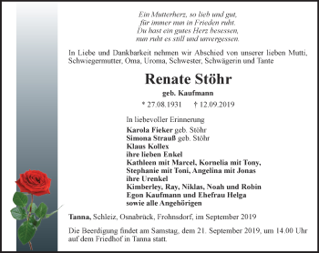 Traueranzeige von Renate Stöhr von Ostthüringer Zeitung