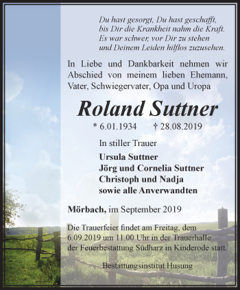 Traueranzeige von Roland Suttner von Thüringer Allgemeine