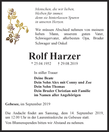 Traueranzeige von Rolf Harzer von Thüringer Allgemeine, Thüringische Landeszeitung