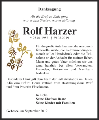 Traueranzeige von Rolf Harzer von Thüringer Allgemeine, Thüringische Landeszeitung