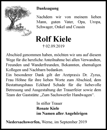 Traueranzeige von Rolf Kiele von Thüringer Allgemeine