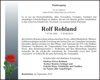 Traueranzeige von Rolf Rohland von Thüringer Allgemeine