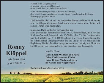 Traueranzeige von Ronny Klöppel von Thüringer Allgemeine