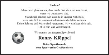 Traueranzeige von Ronny Klöppel von Thüringer Allgemeine