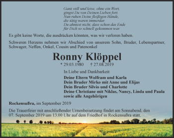 Traueranzeige von Ronny Klöppel von Thüringer Allgemeine