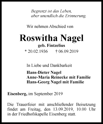 Traueranzeige von Roswitha Nagel von Ostthüringer Zeitung