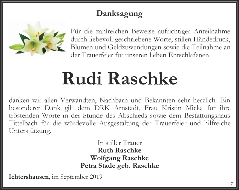 Traueranzeigen von Rudi Raschke trauerinthueringen.de