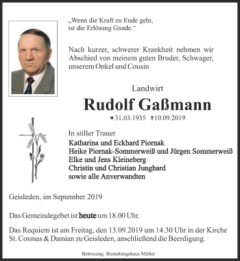 Traueranzeige von Rudolf Gaßmann von Thüringer Allgemeine