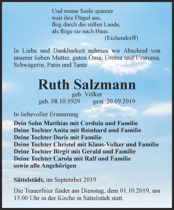 Traueranzeige von Ruth Salzmann von Ostthüringer Zeitung, Thüringische Landeszeitung